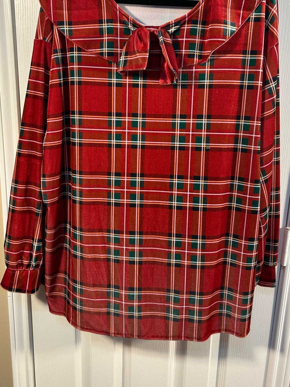 Red Plaid Bow-Collar Blouse for Women - Classic Holiday Top